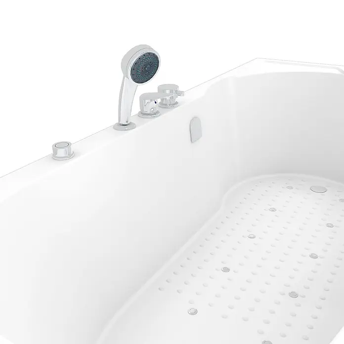 AcquaVapore Badewanne Fertigdusche S12-EH-AIR-L - Acryl, Weiß - Weiße Whirlpool-Badewanne mit integrierter Handbrause und Chromarmaturen.