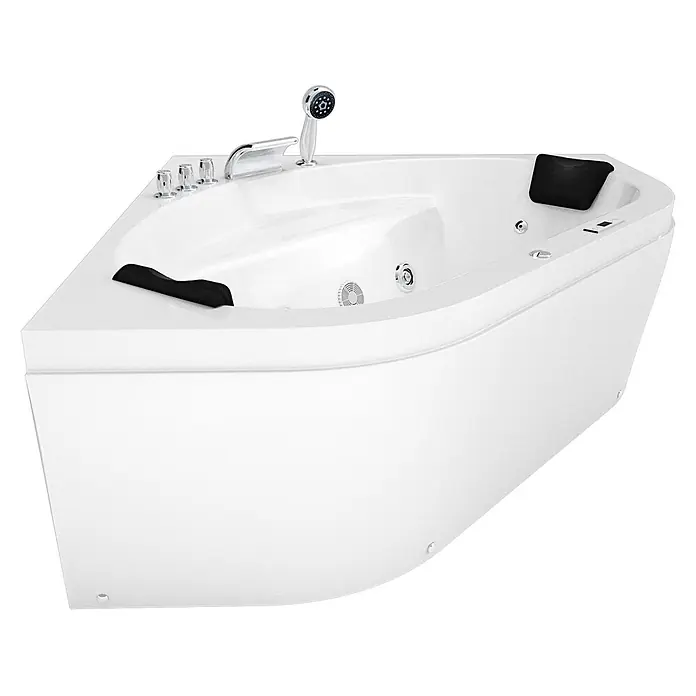 AcquaVapore Badewanne Fertigdusche W20H-TH - Acryl, Weiß - Weißer Eck-Jacuzzi mit Chromarmaturen, Handbrause, Massagedüsen und schwarzen Kopfstützen.