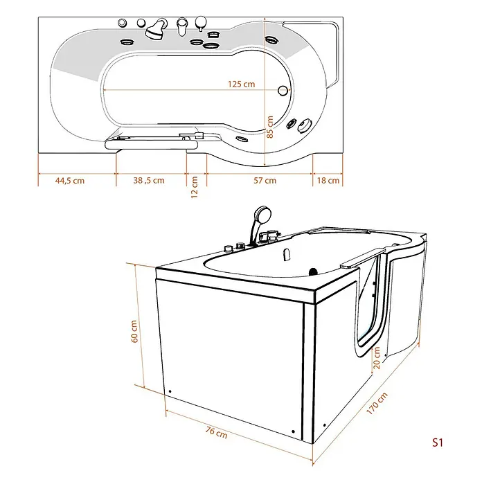AcquaVapore Badewanne Fertigdusche S12-EH-AIR-L - Acryl, Weiß - Weiße begehbare Badewanne mit Seitentür, detaillierte Maße dargestellt.