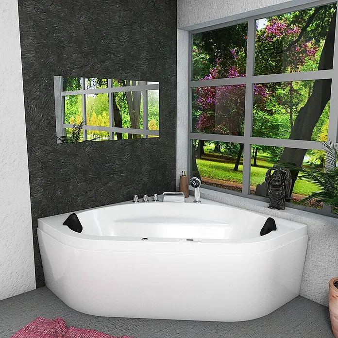 AcquaVapore Badewanne Fertigdusche W20H-TH - Acryl, Weiß - Weiße Eckbadewanne mit schwarzen Kopfstützen in einem modernen Badezimmer mit großem Fenster zum Park.