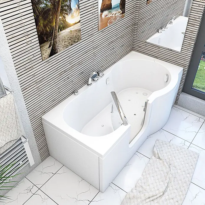 AcquaVapore Badewanne Fertigdusche S12-EH-AIR-L - Acryl, Weiß - Weiße begehbare Badewanne mit Düsen und integriertem Haltegriff für leichten Zugang im modernen Bad.