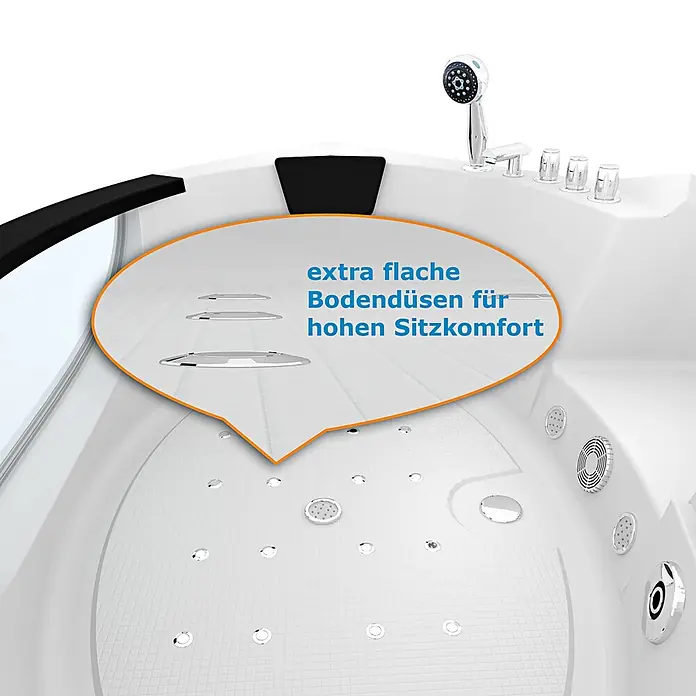 AcquaVapore Badewanne Fertigdusche W06H-SC - Acryl, Weiß - Weißer Whirlpool mit schwarzen Akzenten und Chromarmaturen, extra flache Bodendüsen für hohen Sitzkomfort.