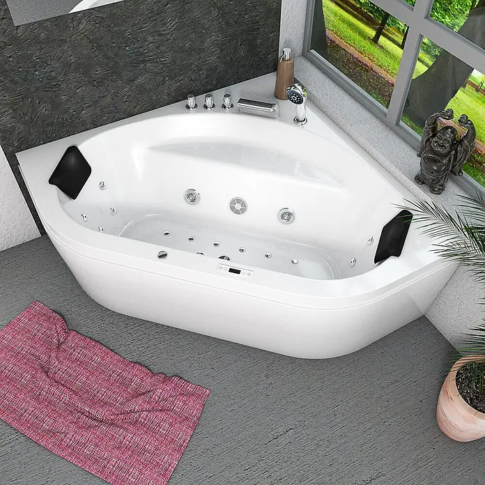 AcquaVapore Badewanne Fertigdusche W20H-TH - Acryl, Weiß - Weiße Eck-Jacuzzi-Badewanne mit schwarzen Kopfstützen, mehreren Chromdüsen, digitalem Bedienfeld und Armaturensatz mit Handbrause.