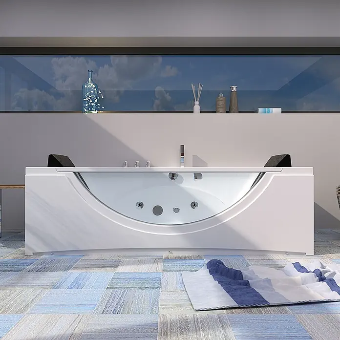 AcquaVapore Badewanne Fertigdusche W81R-B - Acryl, Weiß - Weiße Whirlpool-Badewanne mit transparenter Frontplatte in einem modernen Badezimmer.
