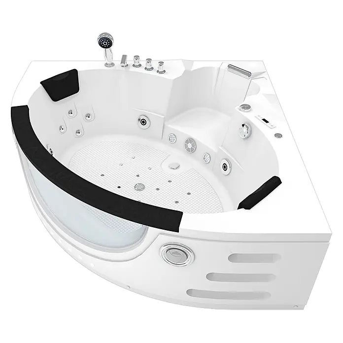 AcquaVapore Badewanne Fertigdusche W06H-SC - Acryl, Weiß - Weißer Eck-Whirlpool mit Handbrause, schwarzen Kopfstützen und integrierter Steuerung.