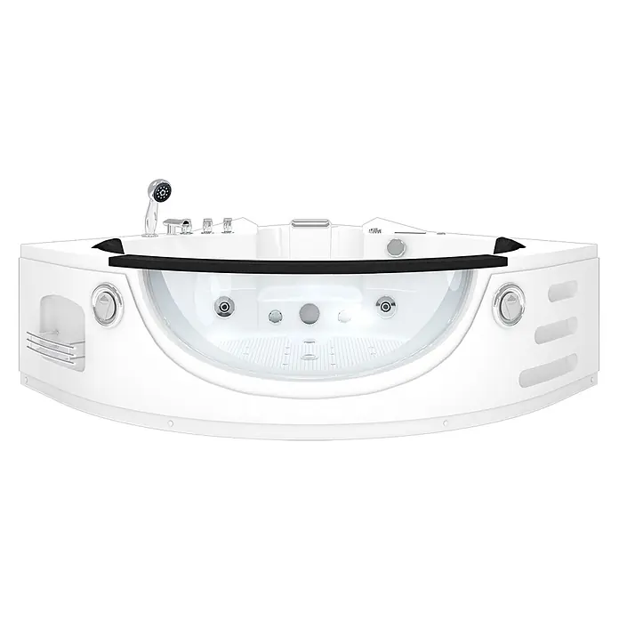 AcquaVapore Badewanne Fertigdusche W06H-SC - Acryl, Weiß - Weißer Eck-Whirlpool mit transparenter Frontplatte, schwarzem Rand, Chromarmaturen, Düsen, Handbrause und Ablage.