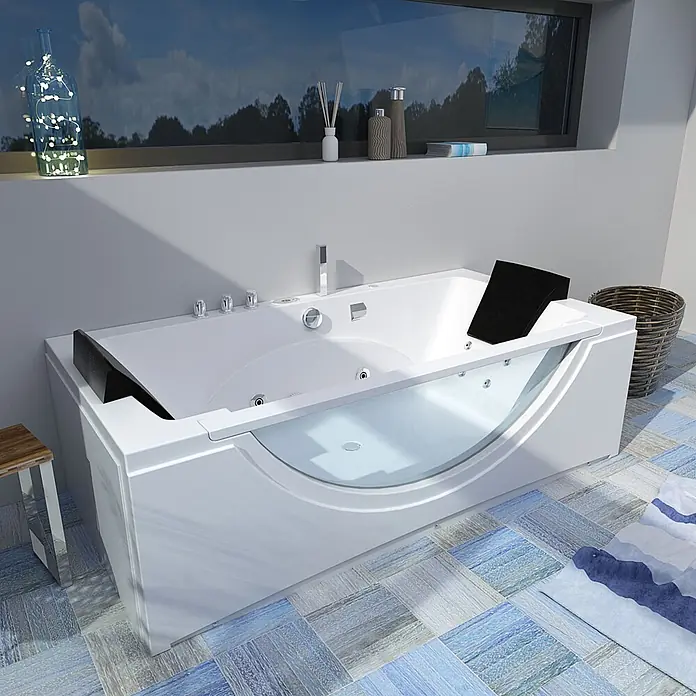 AcquaVapore Badewanne Fertigdusche W81R-B - Acryl, Weiß - Moderne weiße Whirlpool-Badewanne mit transparentem Seitenfenster und schwarzen Kopfstützen in einem modernen Badezimmer.