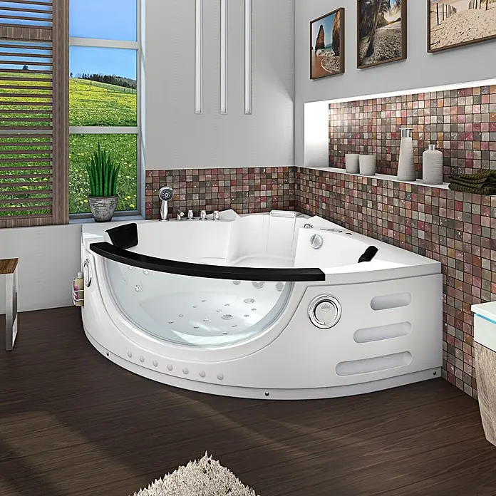AcquaVapore Badewanne Fertigdusche W06H-SC - Acryl, Weiß - Weiße Eck-Whirlpool-Wanne mit klarer Frontplatte und schwarzen Akzenten im modernen Badezimmer.
