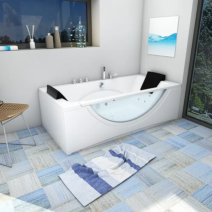 AcquaVapore Badewanne Fertigdusche W81H-TH-C-SC - Acryl, Weiß - Weiße freistehende Whirlpool-Badewanne mit durchsichtiger Frontplatte in modernem Badezimmer.