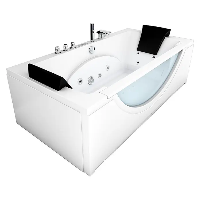 AcquaVapore Badewanne Fertigdusche W81H-TH-C-SC - Acryl, Weiß - Weißer Whirlpool mit schwarzen Kopfstützen, Chromarmaturen, Düsen und transparenter Seitenwand.
