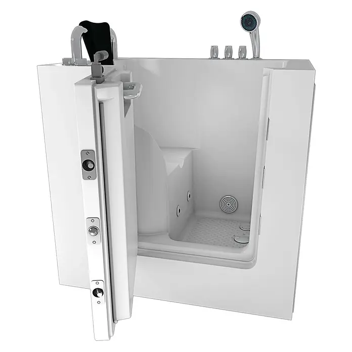 AcquaVapore Badewanne Fertigdusche S02WP-TH-C-L - 78 x 100 cm, Acryl, Weiß - Weiße begehbare Badewanne mit offener Tür, integriertem Sitz, Hydrotherapie-Düsen und Handbrause.