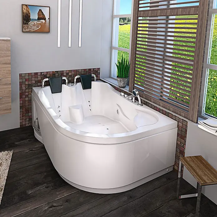 AcquaVapore Badewanne Fertigdusche W23H-R - Acryl, Weiß - Weiße Eck-Whirlpool-Badewanne mit schwarzen Kopfstützen und Chromarmaturen in einem modernen Badezimmer.