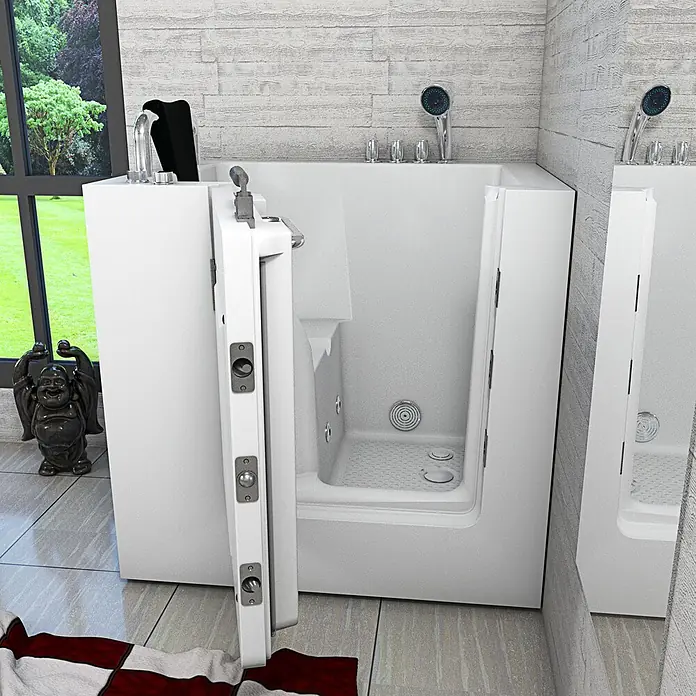 AcquaVapore Badewanne Fertigdusche S02WP-TH-C-L - 78 x 100 cm, Acryl, Weiß - Weiß zugängliche begehbare Badewanne mit offener Tür, integrierter Dusche und Armaturen.