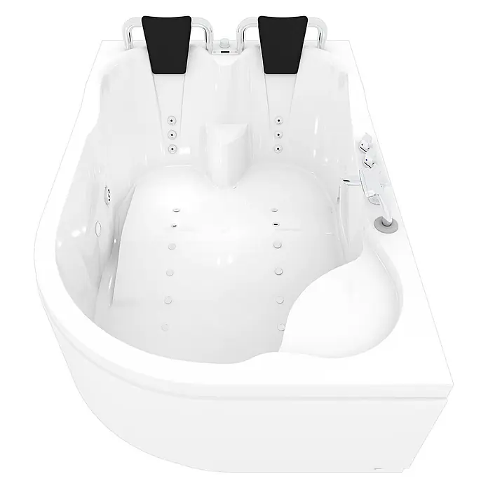 AcquaVapore Badewanne Fertigdusche W23H-R - Acryl, Weiß - Weiße Zweipersonen-Whirlpool-Badewanne mit schwarzen Kopfstützen und Hydro-Massagedüsen.