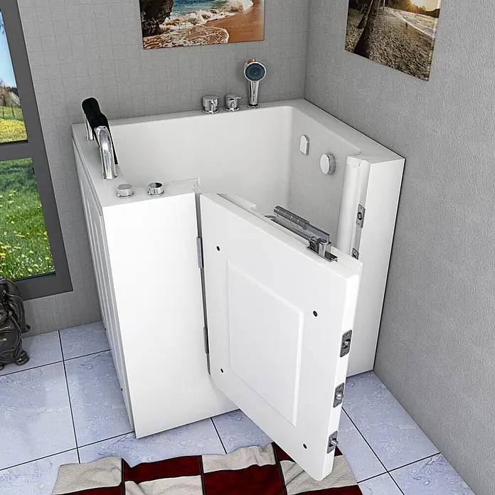 AcquaVapore Badewanne Fertigdusche S02WP-TH-C-L - 78 x 100 cm, Acryl, Weiß - Weiße begehbare Badewanne mit geöffneter Tür und Chromarmaturen, für barrierefreies Baden.