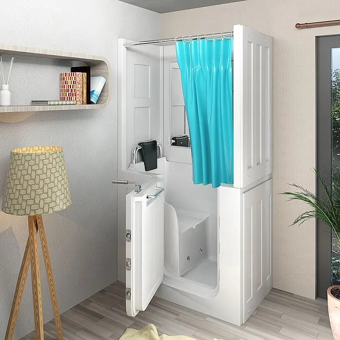 AcquaVapore Badewanne Fertigdusche S08D-WP-A-L - 68 x 110 cm, Acryl, Weiß - Weiße, barrierefreie begehbare Dusche mit niedriger Tür, integriertem Sitz, Haltegriffen und blauem Duschvorhang.