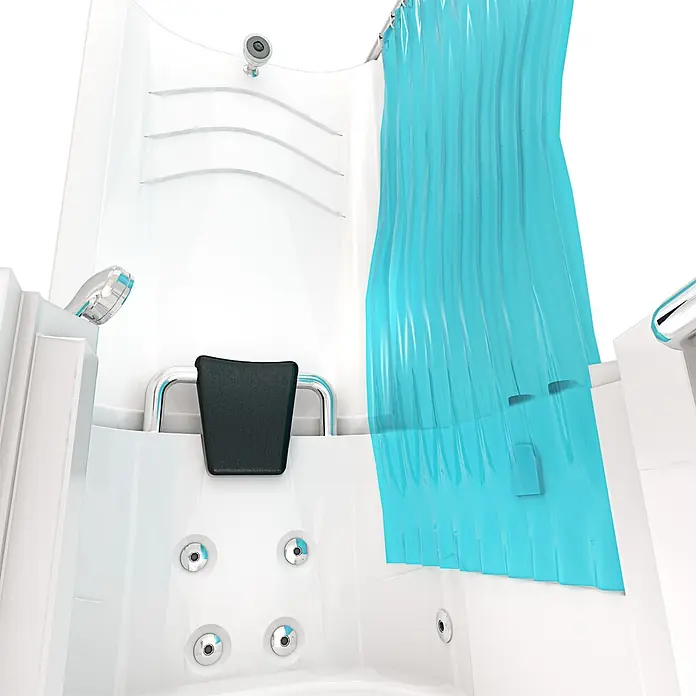 AcquaVapore Badewanne Fertigdusche S10D-WP - 80 x 90 cm, Acryl, Weiß - Weiße barrierefreie Badewanne mit schwarzem Sitz, Chromarmaturen, Massagedüsen und blauem Duschvorhang für einfachen Zugang.