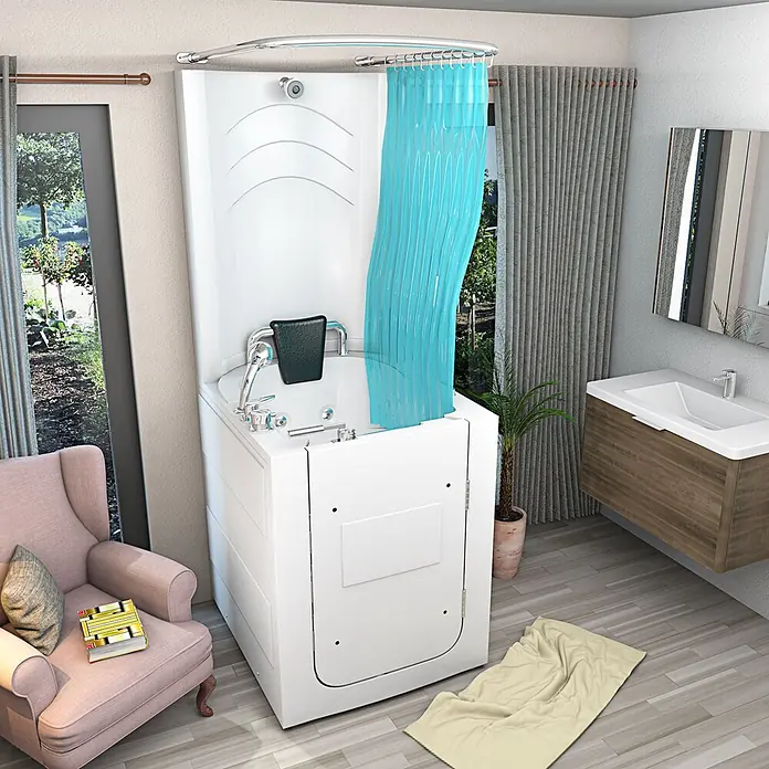 AcquaVapore Badewanne Fertigdusche S10D-WP - 80 x 90 cm, Acryl, Weiß - Weiße begehbare Badewanne mit integrierter Dusche, blauem Vorhang und barrierefreier Tür in einem modernen Badezimmer.