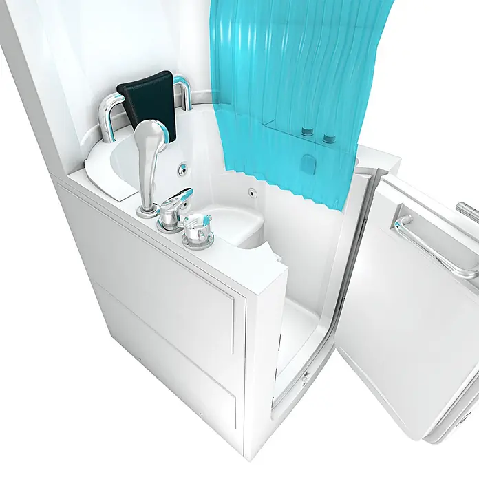 AcquaVapore Badewanne Fertigdusche S10D-WP - 80 x 90 cm, Acryl, Weiß - Kompakte weiße All-in-One-Badezimmereinheit mit Chromarmaturen, Waschbecken und barrierefreier Dusche mit blauem Vorhang.