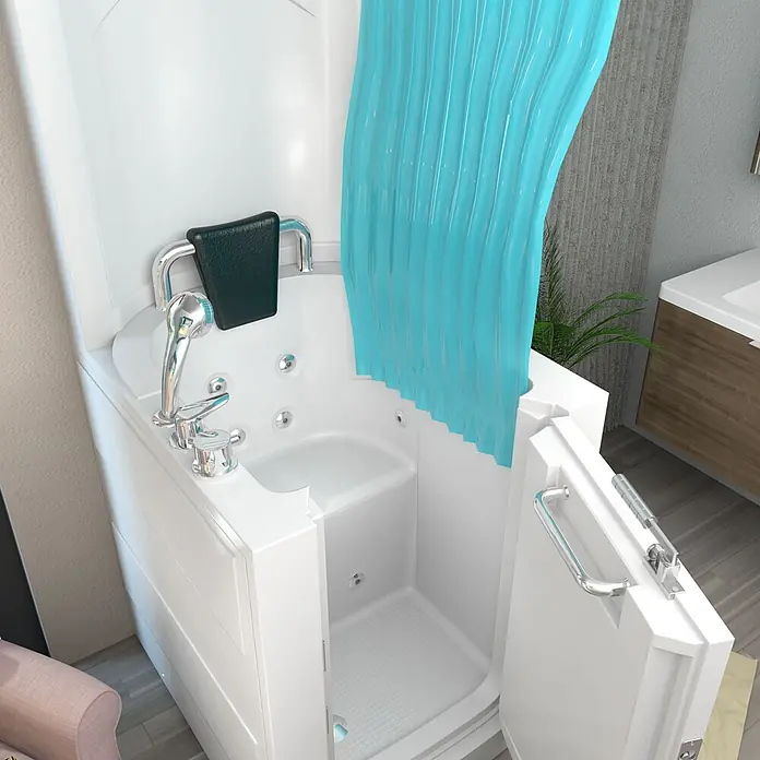 AcquaVapore Badewanne Fertigdusche S10D-WP - 80 x 90 cm, Acryl, Weiß - Weiße barrierefreie Badewanne mit integriertem Sitz, Chromarmaturen und geöffneter Seitentür für zugängliches Baden.