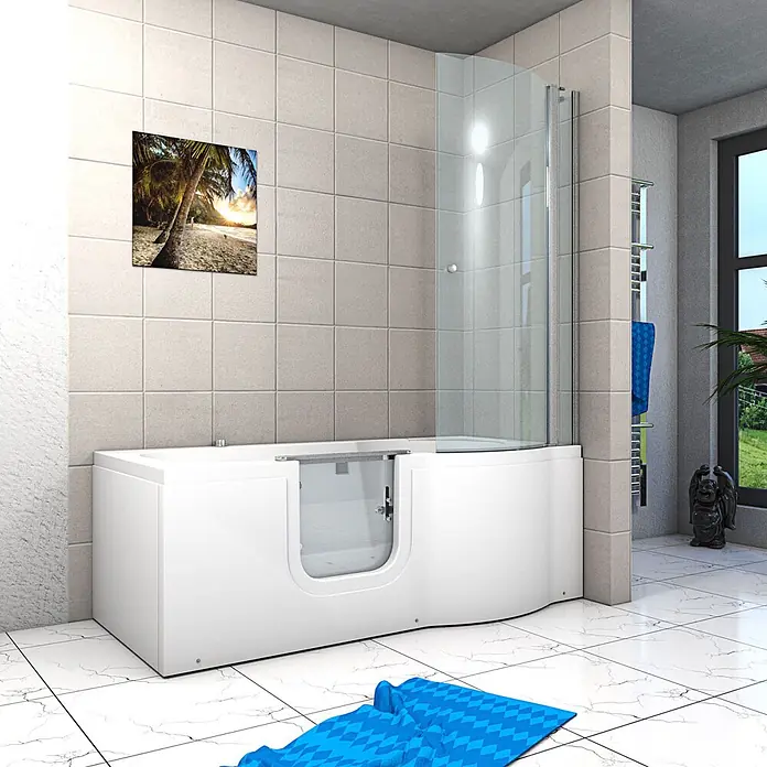 AcquaVapore Badewanne Fertigdusche S12D-AIR-L - 170 x 85 cm, Acryl, Weiß - Weiße barrierefreie Badewanne mit integrierter Glasduschwand, platziert in einem modernen Badezimmer.