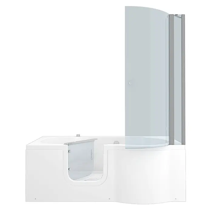 AcquaVapore Badewanne Fertigdusche S12D-AIR-L - 170 x 85 cm, Acryl, Weiß - Weiße begehbare Badewanne mit klarer Glastür und gebogener mattierter Duschwand.