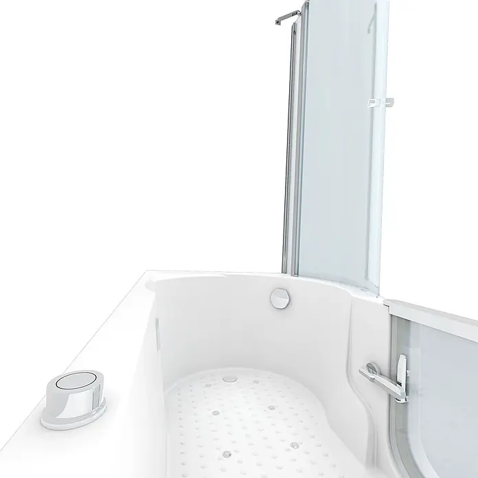 AcquaVapore Badewanne Fertigdusche S12D-AIR-L - 170 x 85 cm, Acryl, Weiß - Weiße Eckbadewanne mit integrierter Duschwand aus Glas und Chromarmaturen. Rutschfester Boden.