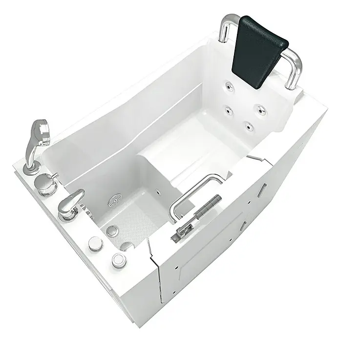 AcquaVapore Badewanne Fertigdusche S08WP-B-R - 110 x 68 cm, Acryl, Weiß - Weiße begehbare Badewanne mit Chromarmaturen, integriertem Sitz, Handbrause, Haltegriffen und Hydromassagedüsen.