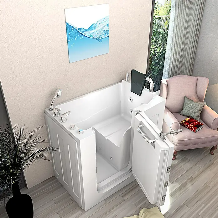 AcquaVapore Badewanne Fertigdusche S08WP-B-R - 110 x 68 cm, Acryl, Weiß - Weiße begehbare Badewanne mit offener Tür und integriertem Sitz, inklusive Handbrause, in einem modernen Badezimmer.