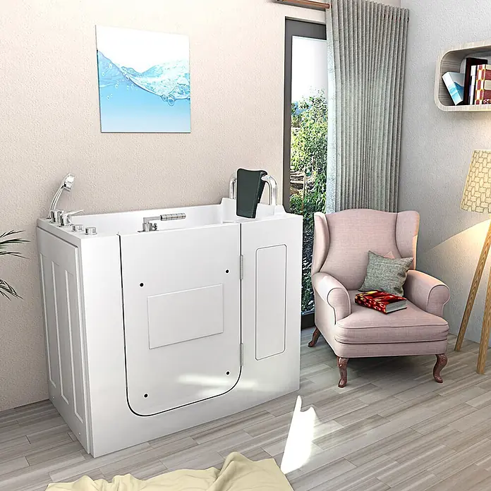 AcquaVapore Badewanne Fertigdusche S08WP-B-R - 110 x 68 cm, Acryl, Weiß - Weiße barrierefreie Badewanne mit Einstieg und Chromarmaturen, in einem modernen, sonnigen Raum.