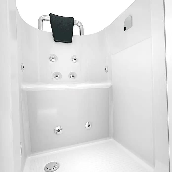 AcquaVapore Badewanne Fertigdusche S10-WP - 80 x 90 cm, Acryl, Weiß - Weiße Walk-in Badewanne mit Sitz, Hydrotherapie-Düsen, Chrom-Haltegriff und schwarzer Kopfstütze.