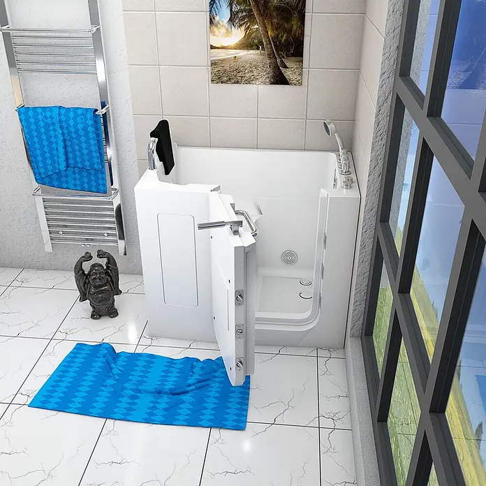 AcquaVapore Badewanne Fertigdusche S08WP-TH-C-L - 110 x 68 cm, Acryl, Weiß - Weiße Badewanne mit offener Tür, konzipiert für einfaches und barrierefreies Baden in einem modernen Badezimmer.