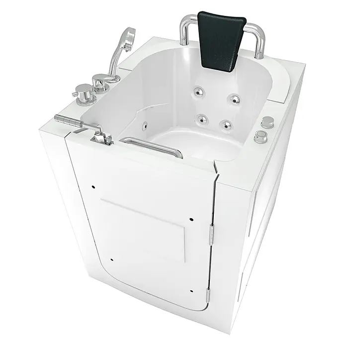 AcquaVapore Badewanne Fertigdusche S10-WP - 80 x 90 cm, Acryl, Weiß - Weiße begehbare Badewanne mit Seitentür, Chromarmaturen, Handbrause, Hydromassagedüsen, Haltegriff und schwarzer Kopfstütze.
