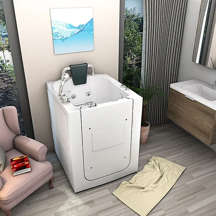 AcquaVapore Badewanne Fertigdusche S10-WP - 80 x 90 cm, Acryl, Weiß - Eine weiße begehbare Badewanne mit Chromarmaturen und dunkler Kopfstütze in einem hellen, modernen Badezimmer.