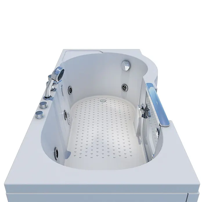 AcquaVapore Badewanne Fertigdusche S12-EH-WP-L - Acryl, Weiß - Weiße moderne Badewanne mit Chromarmaturen, Handbrause, Hydromassagedüsen und einem transparenten blauen Haltegriff.