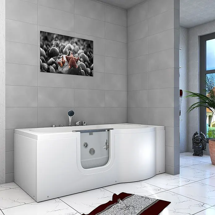 AcquaVapore Badewanne Fertigdusche S12-EH-WP-L - Acryl, Weiß - Eine weiße begehbare Badewanne mit transparenter Einstiegstür für einfachen Zugang.
