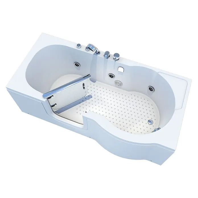 AcquaVapore Badewanne Fertigdusche S12-EH-WP-L - Acryl, Weiß - Weiße begehbare Badewanne mit Innentür, Chromarmaturen und rutschfester Bodenmatte für barrierefreies Baden.