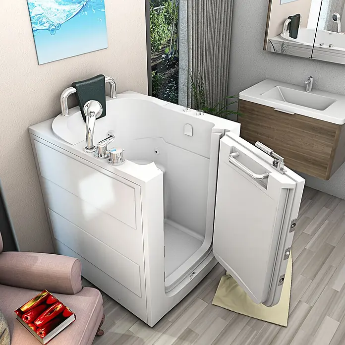AcquaVapore Badewanne Fertigdusche S10-WP - 80 x 90 cm, Acryl, Weiß - Weiße begehbare Badewanne mit geöffneter Seitentür und Chromarmaturen im Badezimmer, für einfachen Zugang.