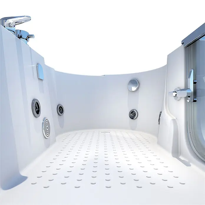 AcquaVapore Badewanne Fertigdusche S12-EH-WP-L - Acryl, Weiß - Weißer begehbarer Badewanneninnenraum mit Chromarmatur, mehreren Hydrojets und rutschfestem Boden, für barrierefreies Baden.