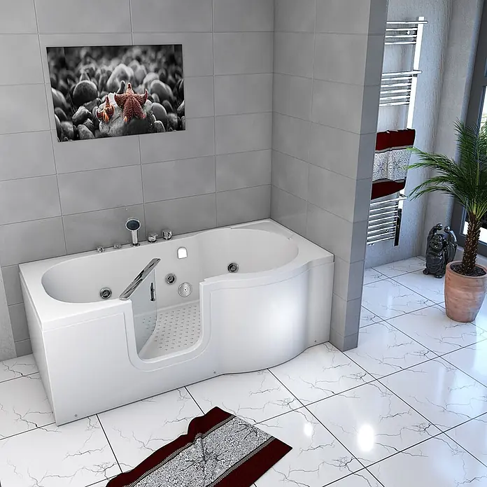 AcquaVapore Badewanne Fertigdusche S12-EH-WP-L - Acryl, Weiß - Weiße begehbare Badewanne mit Duschkopf, Hydromassage-Düsen und einfachem Einstieg in einem modernen Badezimmer.