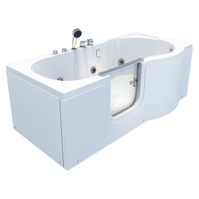 AcquaVapore Badewanne Fertigdusche S12-EH-WP-L - Acryl, Weiß - Weiße begehbare Badewanne mit integrierter Dusche, Hydromassage-Düsen und klarer Zugangstür.