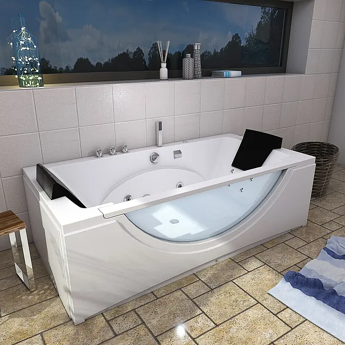 AcquaVapore Badewanne Fertigdusche W81-TH-B-SC - Acryl, Weiß - Moderne weiße Hydromassagewanne mit transparenter Frontplatte und schwarzen Kopfstützen in gefliestem Bad.