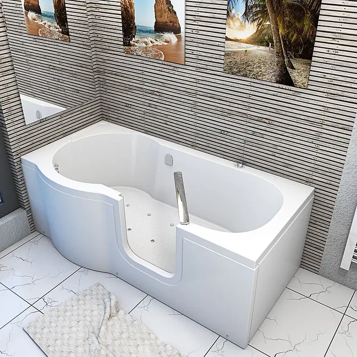 AcquaVapore Badewanne Fertigdusche S12-AIR-R - 85 x 170 cm, Acryl, Weiß - Weiße begehbare Badewanne mit niedriger Einstiegstür und integriertem Sitz für barrierefreies Baden.