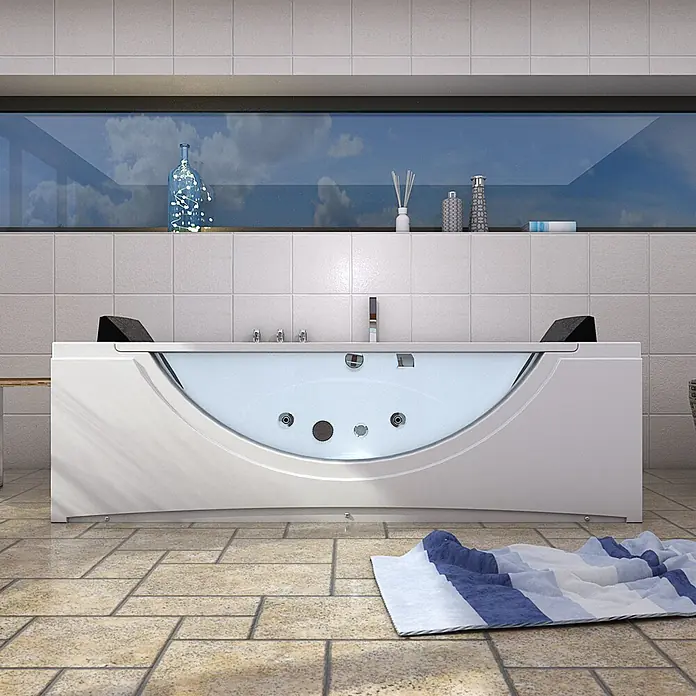 AcquaVapore Badewanne Fertigdusche W81-TH-B-SC - Acryl, Weiß - Moderne weiße Badewanne mit klarer Platte und schwarzen Kopfstützen, mit Massagedüsen, in einem Badezimmer. Handtuch auf dem Boden.