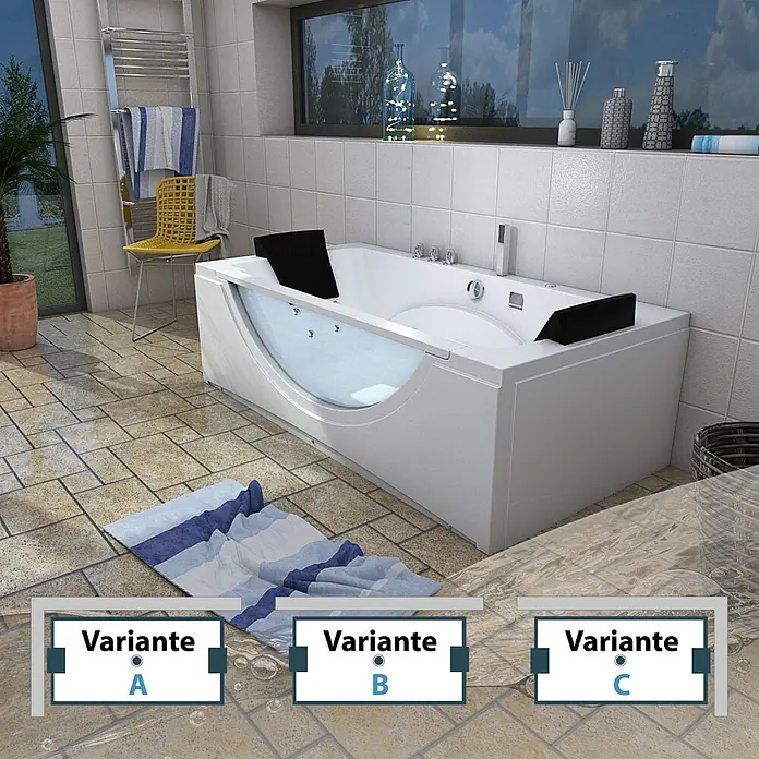 AcquaVapore Badewanne Fertigdusche W81-TH-B-SC - Acryl, Weiß - Weiße Whirlpool-Badewanne mit transparenter Seitenwand und schwarzen Kopfstützen in einem gefliesten Badezimmer.