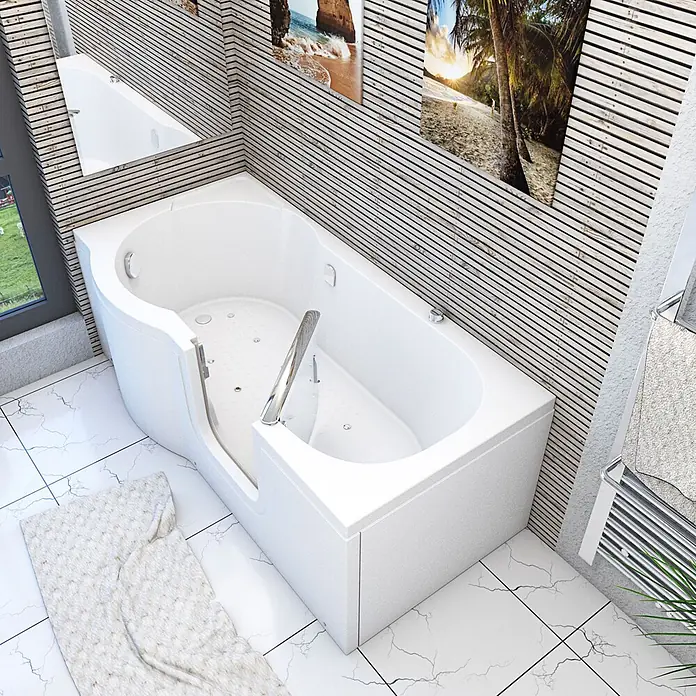 AcquaVapore Badewanne Fertigdusche S12-AIR-R - 85 x 170 cm, Acryl, Weiß - Weiße begehbare Badewanne mit klarer Einstiegstür und integriertem Haltegriff in einem modernen Badezimmer.