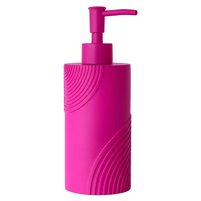 Camargue Seifenspender Design - Harz, Pink, Ø x H: 7 x 19,2 cm - Leuchtend pinke mattierte Kunststoff-Lotionspenderflasche mit Pumpe, mit gekrümmter Rippentextur.