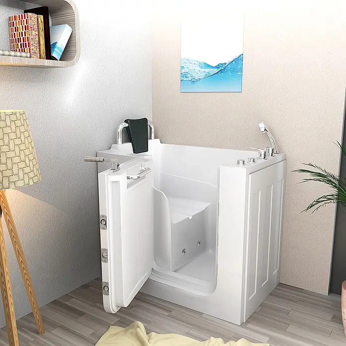 AcquaVapore Badewanne Fertigdusche S08WP-A-L - 68 x 110 cm, Acryl, Weiß - Weiße begehbare Badewanne mit geöffneter Tür, integriertem Sitz, Chromhaltegriffen und Armaturen, für einfachen Zugang.