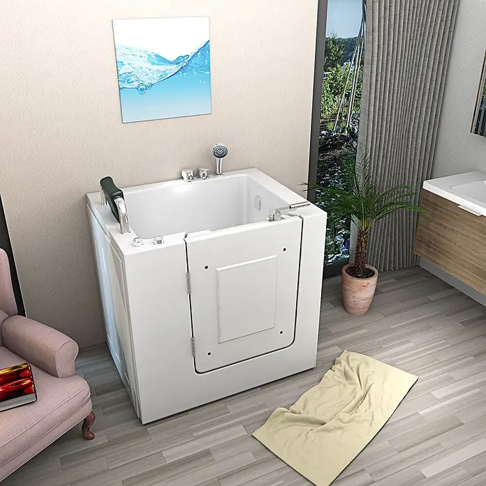 AcquaVapore Badewanne Fertigdusche S02WP-B-L - 100 x 78 cm, Acryl, Weiß - Weiße begehbare Badewanne mit Seitentür und Haltegriff in einem modernen Bad, für barrierefreies Baden.