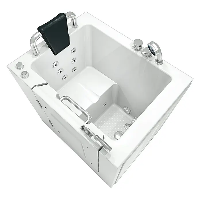 AcquaVapore Badewanne Fertigdusche S02WP-C-L - 100 x 78 cm, Acryl, Weiß - Weiße begehbare Badewanne mit integriertem Sitz, schwarzer Kopfstütze, Chromhaltegriffen, Hydro-Luftdüsen und Handbrause für barrierefreies Baden.